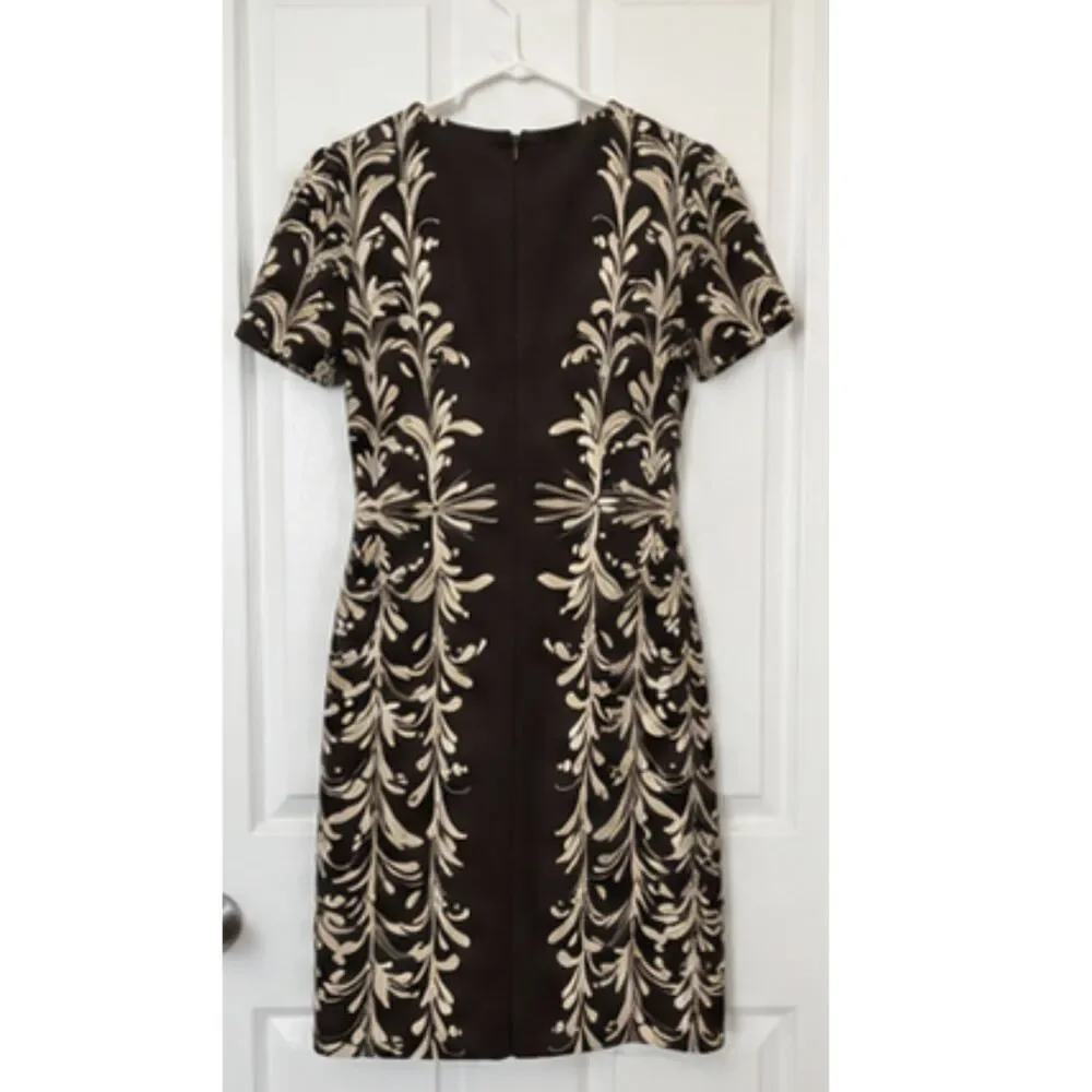Tory Burch Printed Sheath Mini Dress XS Brown Ivory Short Sleeve Stretch